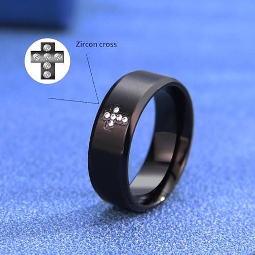 SYDNFZY Mens Wedding Band Ring - 8mm Stainless Steel Engagement Promise Rings for Men Women, Cross Classic Ring with Princess Cut Cubic Zirconia for Men Jewelry Gift Ring Size 6 7 8 9 10 11 (Black, 7) - Thumbnail 4