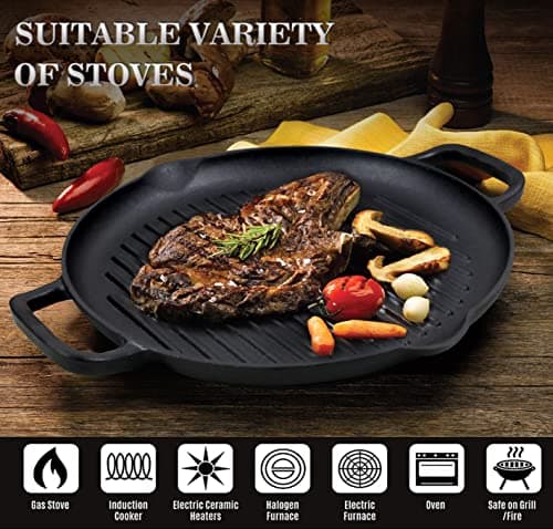 Cast Iron Grill Pan, 12.6 inch Griddle Pan with Dual Handles, Pre-Seasoned Heavy-Duty Cast Iron Skillet for Stovetop, Oven, Indoor & Outdoor BBQ Use - Thumbnail 2