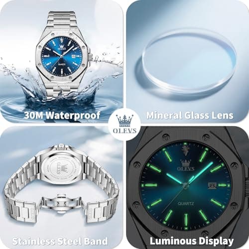 OLEVS Dress Watches for Men Quartz Movement Waterproof Men's Wrist Watch Silver Stainless Steel with Blue Face Luxury Business Watch for Men Suitable for Casual Social Events Surprise Gift for Him - Thumbnail 5