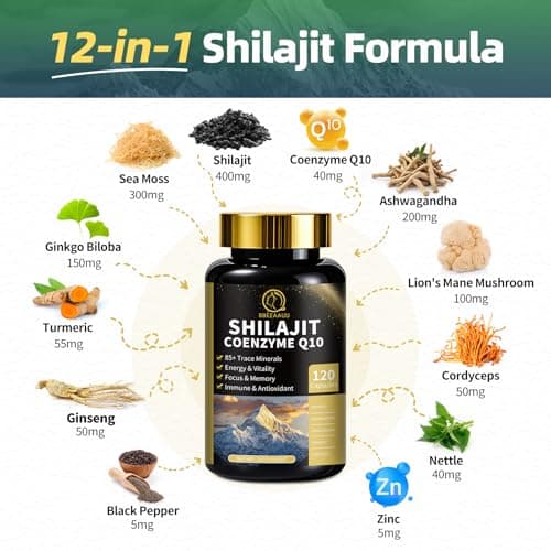 Shilajit for Men, Sea Moss and Shilajit Bundle, All in 1 Supplements with Coenzyme Q10, Black Seed, Ashwagandha, Taurine, Burdock for Energy, Endurance, Antioxidant & Immune Support, 240 Capsules - Thumbnail 4