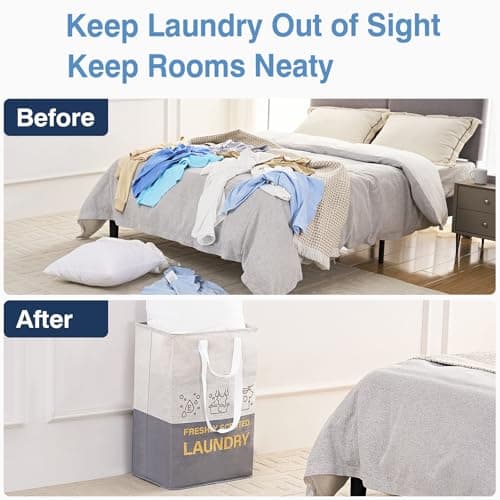 ELONG HOME 2 Pack Laundry Baskets, 92L Freestanding Laundry Basket with Handles, Waterproof Tall Collapsible Clothes Hamper for Dorm, Bedroom, Bathroom - Thumbnail 4