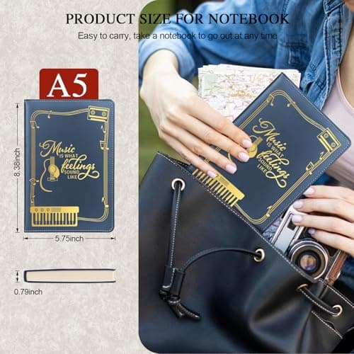 QDWXDEL Music Gift,A5 Hardcover Leather Journal for Women - 200 Pages Premium Paper Notebook,Journal Notebook for School, Work (Music Blue) - Thumbnail 2