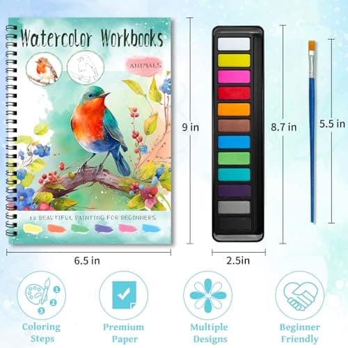 Elfew 2 Pack Watercolor Workbooks Coloring Books, 24 Pages Beginner Friendly Painting Kit, Detailed Steps, 12 Colors Paint Set with Brush, Stress-Relieving Gift for Adults & Women (Animals & Flowers) - Thumbnail 6