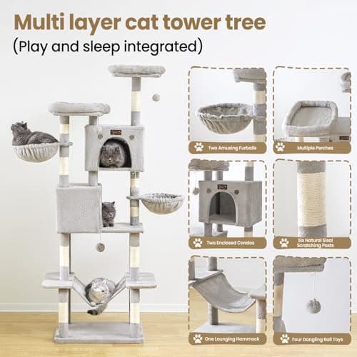 Large Cat Tree Tower for Indoor Cats Adult, 74.8 Inch Tall Multi-Level Kitty Condo with Scratching Posts, Perch, Hammock, Plush Bed for Big Cats, Modern Cat Furniture Heavy Duty (Light Grey) - Thumbnail 4