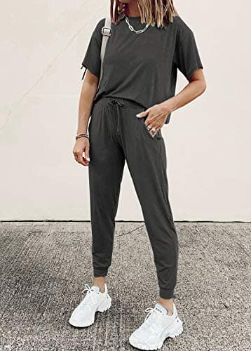 PRETTYGARDEN Women's Two Piece Lounge Sets 2026 Spring Summer Jogger Pants Vacation Outfits Travel Airplane Matching Clothes (Dark Grey,3X-Large) - Thumbnail 2