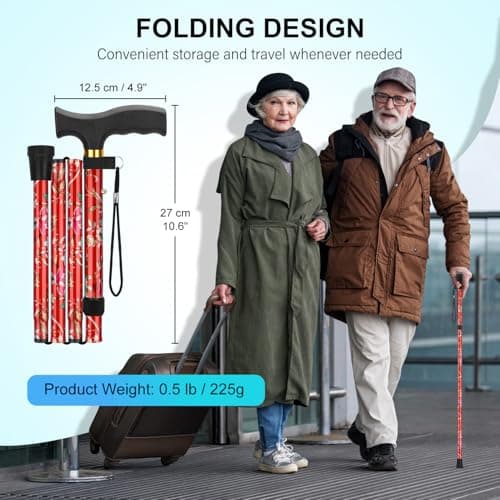 supregear Folding Cane, Lightweight 5-Level Adjustable Walking Stick with Wrist Strap and T-Handle, Portable Mobility Aid for Elderly and Disabled Men and Women, Floral Red - Thumbnail 5