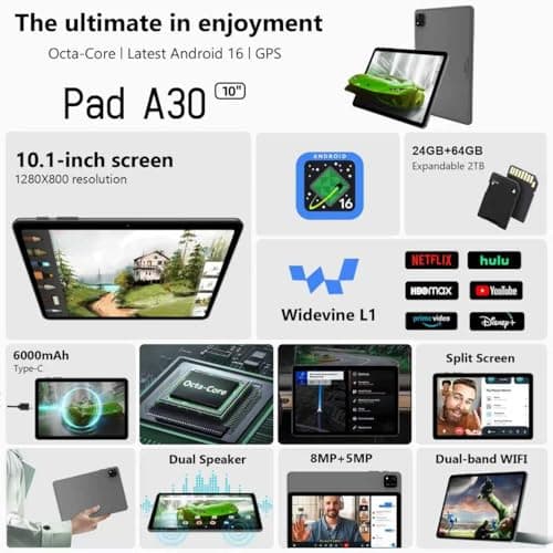 Android 16 Tablet, 10 Inch Tablet with Octa-Core, 24GB RAM 64GB ROM 2TB Expand, Gemini AI, 6000mAh, WiFi, GPS, Dual Camera, BT 5.0, 2 in 1 Tablets PC with Keyboard, Case, Mouse, Stylus (Blue) - Thumbnail 3