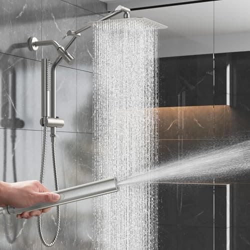 Veken 10" Luxurious Brushed Nickel All Metal Rain Shower Head with Handheld Spray Combo, High Pressure Rainfall Square Shower Heads with Extension Arm, Wide Dual Showerhead, Bathroom Accessories - Image 1