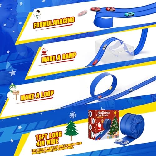 MozoaLata Flexible Race Track for Kids 15ft Race Car Track, Rolls Up Portable Racetrack Compatible with Hot Wheels & Diecast 1/64th Cars,2025 Christmas Birthday Gift, (2 Lane Tracks - Blue) - Thumbnail 5