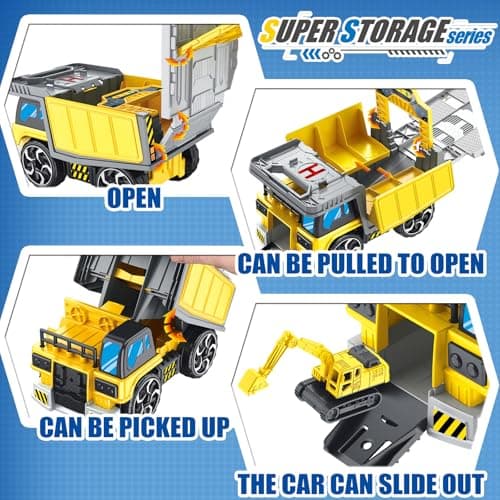 Frontoytall Construction Vehicles Track Set with Excavator, Dump Truck, Cement Truck, Wheel Loader & Rotating Crane, Car Carrier for Storage, STEM Building Toy for Kids Ages 3-12 (ASTM Certified) - Thumbnail 4