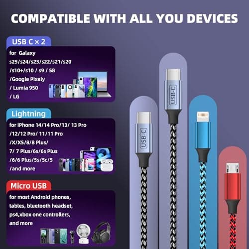 USB C 4 IN 1 Multi Charging Cable, Travel Essentials with Dual Type-C/Micro/IP Port, 2 Packs 5FT Nylon Multiple Charger Cord for iPhone 17 Pro Max/17 Air/16/15/14, Galaxy S25, iPad, Andorid and More - Thumbnail 5