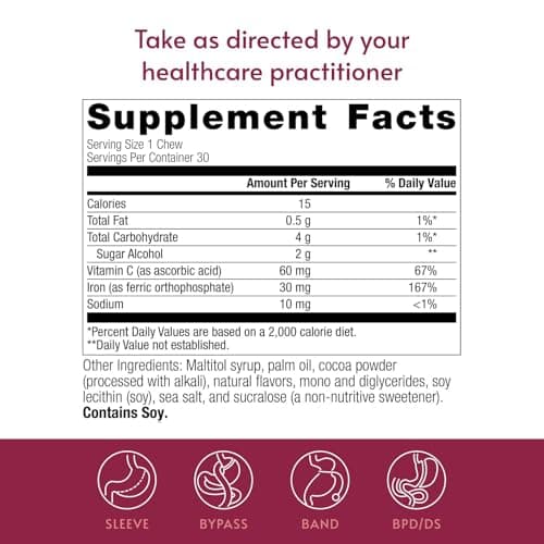 Bariatric Advantage Iron 30 mg Chewy Bite with Vitamin C - for Bariatric Patients - Sugar-Free - Chocolate Raspberry - 30 Count - Thumbnail 4