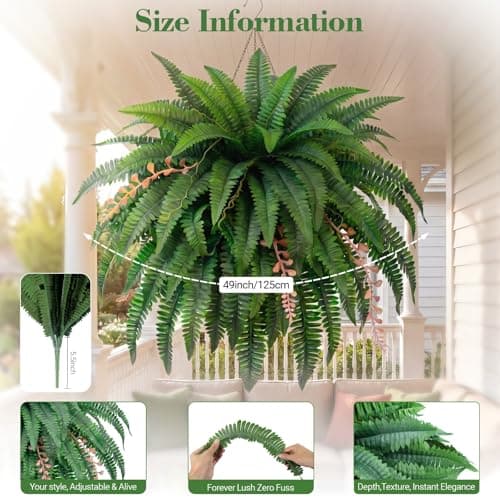 AMORISE 49" Artificial Boston Fern Bush with 98 Fronds, Large Artificial Ferns for Outdoors, Faux Ferns Artificial Boston Ferns for Outdoor Planter Indoor Home Garden Porch Decor - Thumbnail 2