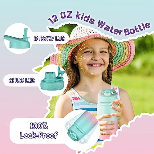 mininoo Insulated Kids Water Bottle, 12 oz Stainless Steel Water Bottle Kids with Straw Lid and Chug Lid for Girls, Boys (Punch/Purple) - Thumbnail 2