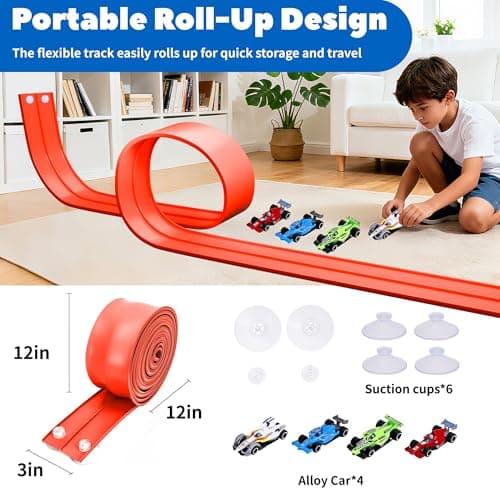 FUTESI Flexible Race Car Track for Kids 15 Ft Flex Tracks Starter Set Compatible with Diecast 1/64th Cars Portable Rolls Up Race Tracks with Strong Suction Cups Birthday Gifts for Boys Girls Ages 3+ - Thumbnail 3