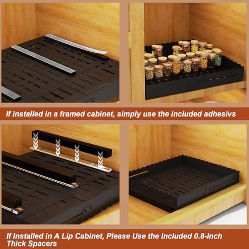 FOXHIVE Expandable Pull Out Cabinet Organizer - Adjustable Width 12-18" & Depth 13-23", 3-Rail Heavy Duty Slide Out Drawer, No-Drills Adhesive Mount, Fits Lip & Lip-Free Cabinets(Black) - Thumbnail 5