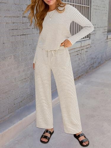 Lazysmile Lounge Sets For Women Casual Striped 2 Piece Outfits Long Sleeve Tops and Wide Leg Pants Loungewear Pajama Set - Thumbnail 5