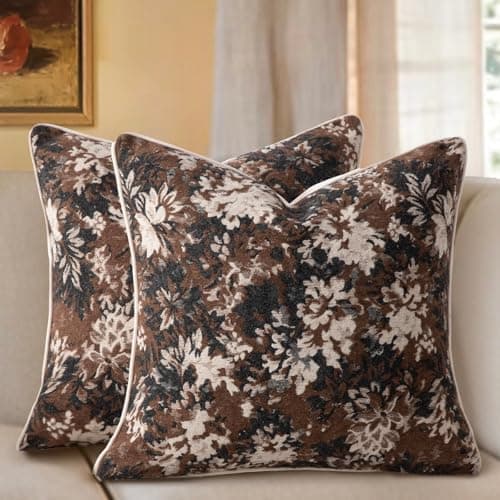 Haguko Pack of 2 Vintage Floral Throw Pillow Covers 18x18 Tapestry Chenille Soft Decorative Farmhouse Square Accent Pillow Cases for Couch Bedroom Living Room Home Decor, Coffee Brown