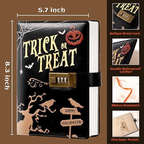 CAGIE Journal with Lock for Women Men, A5 Locked Journal with Pumpkin Pen Set, Halloween Notebook with Combination Lock 192 Pages Diary with Lock, 5.7x 8.3 Inches, Trick or Treat Black - Thumbnail 2