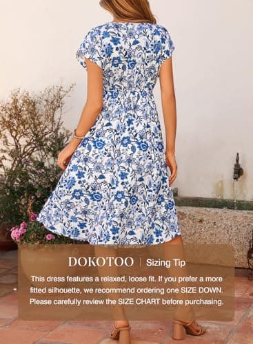 Dokotoo Boho Summer Dresses for Women Floral Sundress for Women Drawstring Waist Daily Lightweight Summer Midi Dress Flowy Wedding Guest Dress Casual Vacation Outfits Resort Wear Blue XL - Thumbnail 5