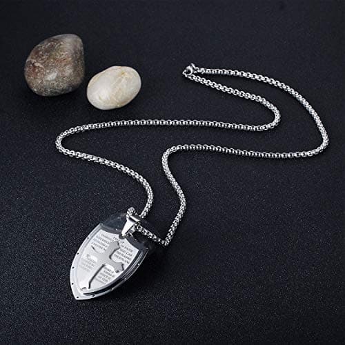 Rehoboth Mens Stainless Steel Shield Cross Pendant Necklace Shield Armor of God Ephesians 6:16-17 Pendant Chain 24 Inch for Women Men Silver - Thumbnail 4