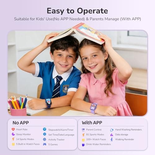 ENOMIR Kids Smart Watch for Boys Girls, Kids Watch with Health Monitor, Activities Track & Pedometer, Long-Lasting Digital Watches with Caring Reminders & Puzzle Games, Gifts for Child Teen-Purple - Thumbnail 6