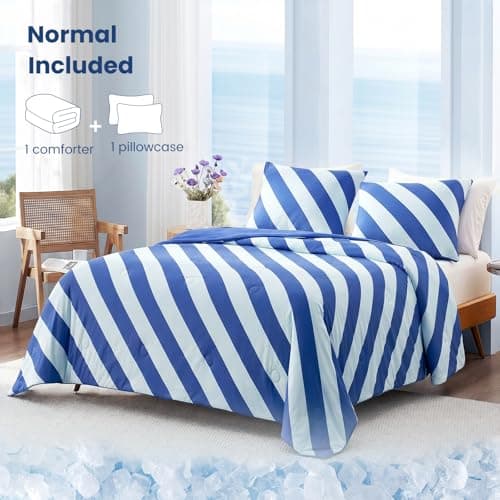Snuggle Sac Mediterranean Stripe Cooling Comforter Twin Size Set, Q-Max ＞0.45 Cooling Blanket for Hot Sleepers & Night Sweats, Double-Sided Cool Tech Lightweight Breathable Summer Quilt, 68x90 Blue - Thumbnail 6