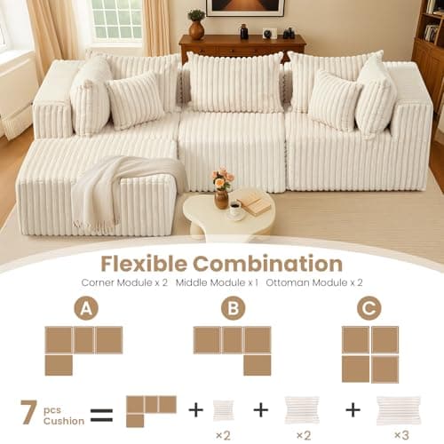 PATAVOT 104 Inch Cloud Couch Sectional,Corduroy Boneless Couches for Living Room,L-Shaped Modular Sectional Sofa with Removable Ottoman and Deep Seat,No Assembly Required,Beige - Thumbnail 6