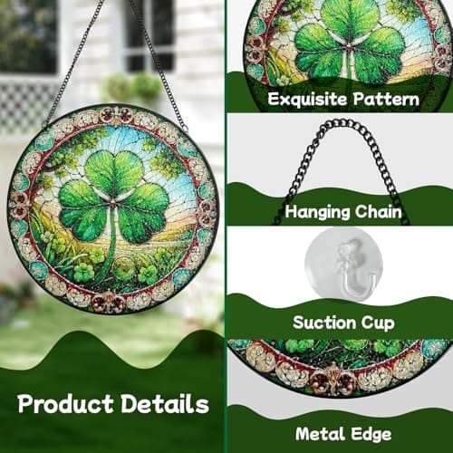 Stained Glass Window Hanging, Shamrock Suncatcher Decor, Clover Wall Art Ornament Decorations for Home Bedroom Garden Farmhouse, Birthday Housewarming Gift for Women Mom, 7.8 Inch - Thumbnail 4