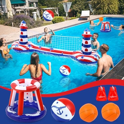 EagleStone Inflatable Pool Float Set with Volleyball Net & Basketball Hoop,2-in-1 Floating Water Games for Kids Adults, Backyard Beach Summer Toys, Heavy-Duty PVC Family Pool Party Essentials - Thumbnail 3