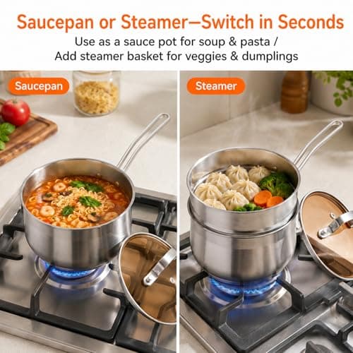 WANGYUANJI 2.5 Quart Stainless Steel Saucepan with Steamer Basket - 2-in-1 Multipurpose Steamer Pot for Cooking, Veggies & Pasta - Tri-Ply Bottom Induction Sauce Pan with Glass Lid, Silver - Thumbnail 4