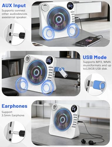 Portable CD Player with Bluetooth, 4000mAh Recheageable Desktop CD Players for Home, CD Music Player with Speakers,Remote Control,LCD Display, AUX, USB, Headphone Jack - Thumbnail 5