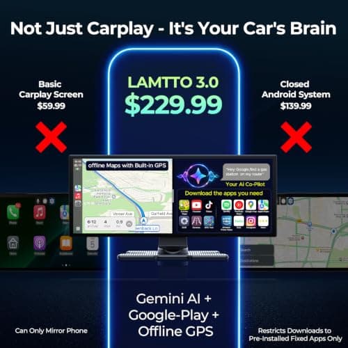 LAMTTO 11'' AI CarPlay Screen with Google-Play Download APPs & Gemini, Smooth 8-Core, Wireless Car Play Android Auto, Vivid 60FPS 1920x720 Display, 1080P Backup Camera/DVR for Road Trip Entertainment - Thumbnail 3