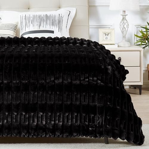 JONIYEAR Soft Fluffy Striped Faux Rabbit Fur Throw Blanket for Couch 50" x 60", Decorative 3D Geometric Warm Fuzzy Fur Blankets for Winter,Reversible Luxury Cozy Furry Blanket for Adult Bed, Black - Thumbnail 2