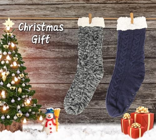 BenSorts Mens Fuzzy Slipper Socks with Grippers Cozy Warm House Indoor Cabin Socks Christmas Gift Stocking Stuffers 2 Packs Blue and Multicolor - Thumbnail 5