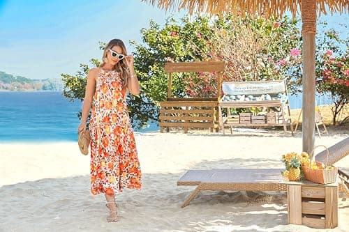 GRACE KARIN 2026 Women's Floral Halter Maxi Dress Boho Summer Beach Sundress with Tiered Ruffle Skirt Orange Medium Large Flowers M - Thumbnail 5