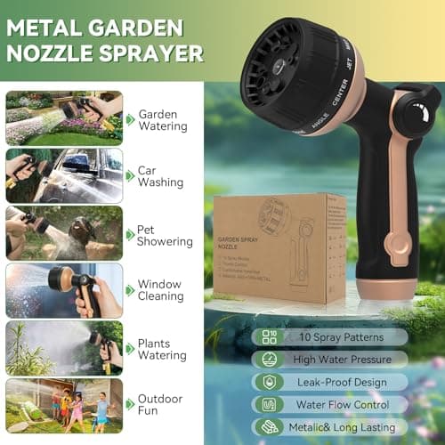 Garden Hose Nozzle Heavy Duty,Metal Water Hose Nozzle with 10 Adjustable Spray Patterns, High Pressure Hose Sprayer Nozzle Thumb Control On Off Valve for Lawn & Plant Watering, Car & Pet Washing - Thumbnail 2