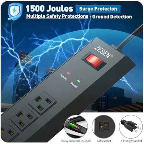 ZESEN 7 Outlet Metal Long Power Strip with Overload Protection & 1500J Surge Protection, 6ft Cord Wall Mounted Industrial Power Strip for Office Workshop Garage, ETL Listed(15A/1875W), Black - Thumbnail 3