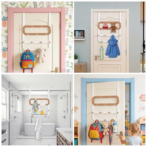Dycoony Over The Door Hooks for Kids Backpacks - 21.5" Extra Long Door Hanger Low Reach, 14 Wooden Ball Coat Rack for Nursery Bedroom Bathroom, White & Orange Purse Bag Towel Holder Organizer - Thumbnail 6