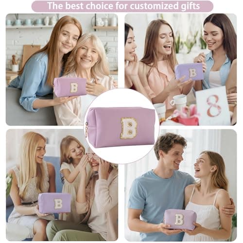 Makeup Bag Initial Preppy Patch Bag,Small PU Leather Travel Cosmetic Bag Pouch with Zipper, Purple Cute Toiletry Bag,Gift Ideal for Teen Girls Women Birthday Friend Mom, Latter B - Thumbnail 6