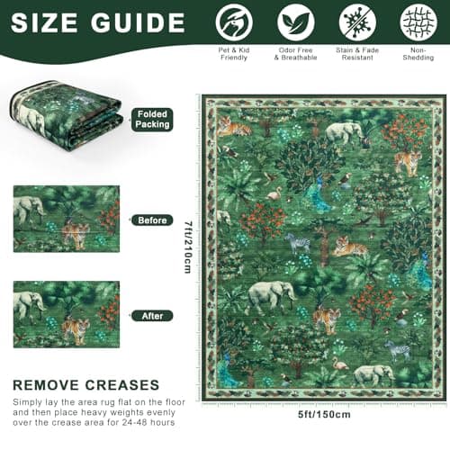 Yamaziot Washable Area Rug 5x7 – Jungle Animal Print Linen Rug for Living Room, Low Pile Non Slip Boho Floor Carpet for Indoor Outdoor Rug, Bedroom, Living Room, Dining Room, Forest Green - Thumbnail 2