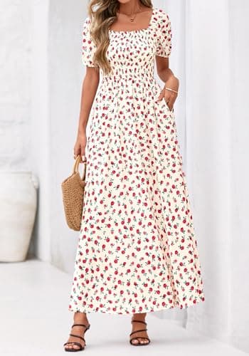 BTFBM Spring Summer Dresses for Women 2026 Puff Short Sleeve Smocked Floral Print Boho Beach Wedding Guest Maxi Dress(Floral Apricot Rose Red, XX-Large) - Thumbnail 4