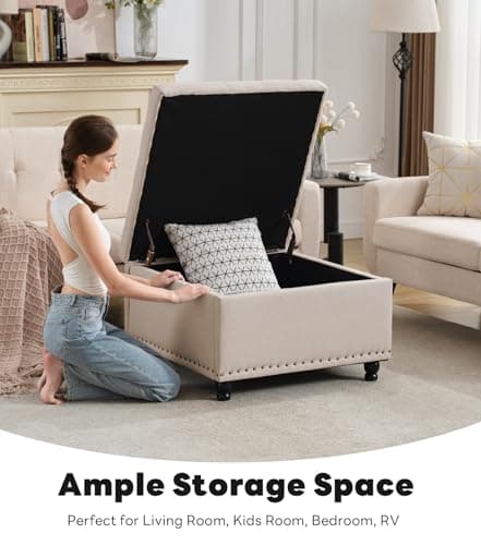Tbfit Large Square Storage Ottoman Bench, Botton Tufted Upholstered Coffee Table with Wooden Legs, Oversized Storage Ottomans Toy Box Footrest for Living Room, Apartment, Beige - Thumbnail 3