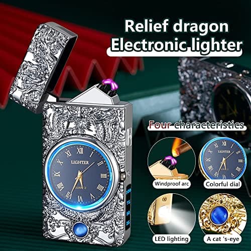 GADATOP Dragon Lighter - Plasma & Arc Lighter, USB Rechargeable, Windproof & Fashionable, Metal Design with Real Watch Dial & LED Lighting (Silver) - Thumbnail 3