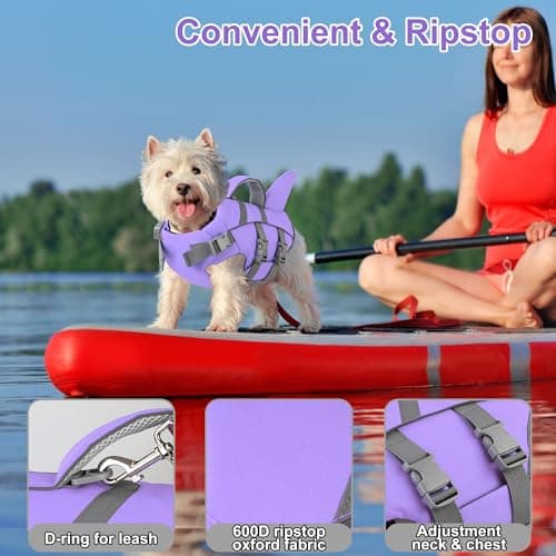 Dogcheer Dog Life Jacket with Shark Fin, High Buoyancy Swim Vest with Top Rescue Handle, Adjustable Reflective Flotation Vest for Swimming, Kayaking, Boating - Taro Purple,XS - Thumbnail 4