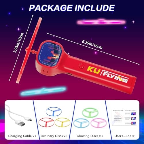 HOMQYTE Rechargeable Disc Launcher with 6 Flying Spinners for Outdoor Activities Game White Elephant Gift Fidget Toys (Red) - Thumbnail 2