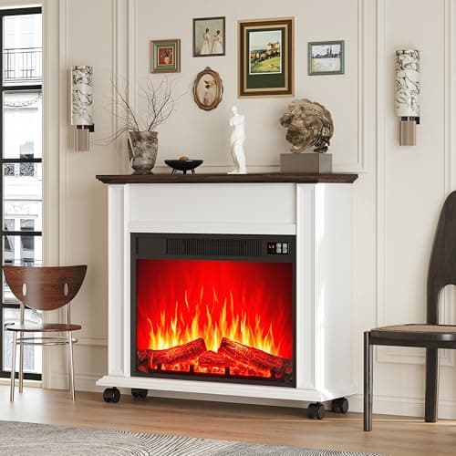 Electric Fireplace with Mantel, Farmhouse Electric Fireplaces TV Stand, White Fireplace Entertainment Center with 23 inch Heater and Removable Roller for Living Room, Bedroom - Thumbnail 5