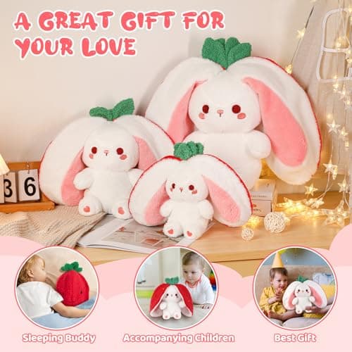 Emoin Soft Reversible Bunny Stuffed Animal, 10-Inch Cute Strawberry-to-Bunny Transformed Plush Toy with Zipper, Easter Strawberry Bunny Plush for Kids Adults Birthday & Sweet Valentine’s Day Gifts - Thumbnail 6