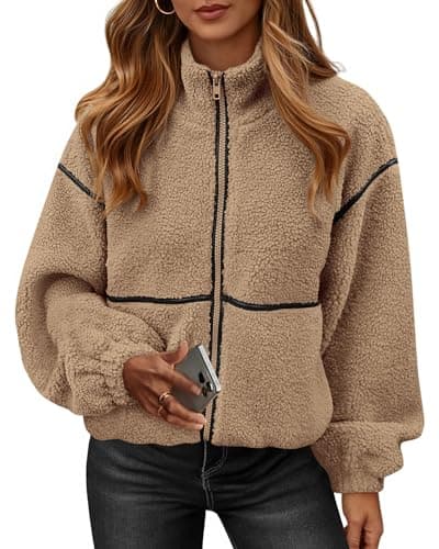 KIRUNDO Sherpa Jacket Women Fleece Oversized Zip Up Winter Coats Fall Jackets Faux Fur Warm Outwear 2026 Fashion Clothing(Khaki, Small) - Image 1