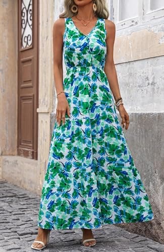 BTFBM Women Summer Dresses Casual Sleeveless Maxi Dresses Cute Floral Long Dress Wedding Guest Dress(Green Flower,Medium) - Thumbnail 2
